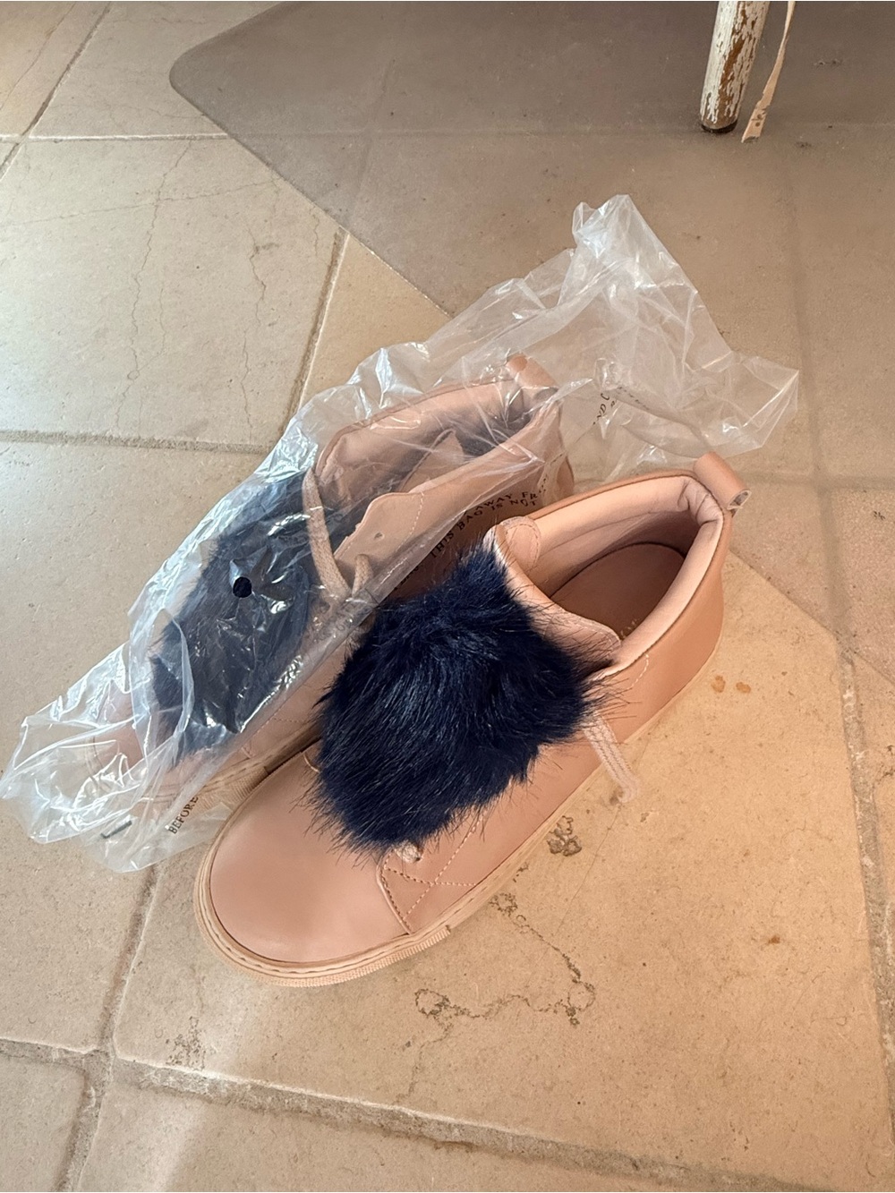 Women’s Pink Sneakers with Navy Faux Fur Accent